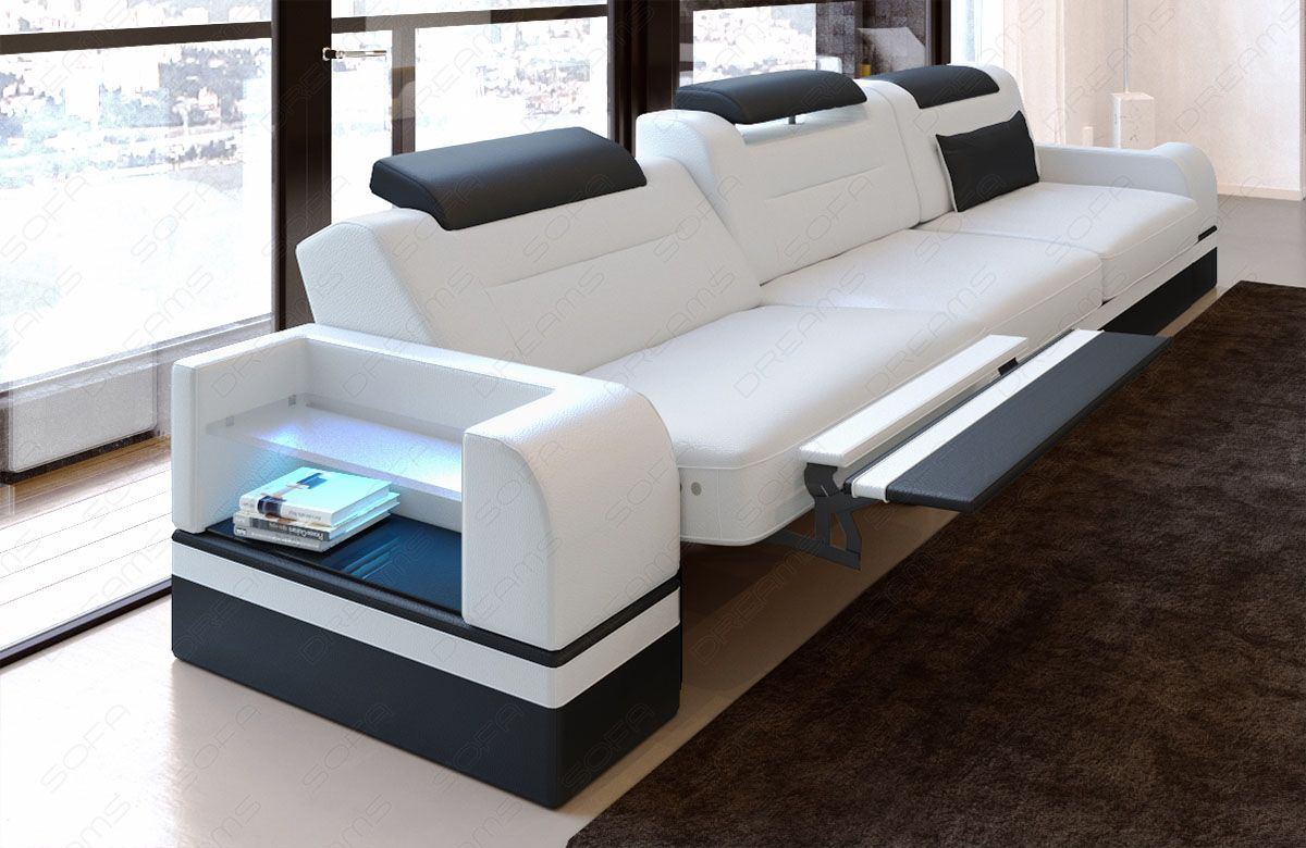 3 Sitzer Leder Couch modern Parma in weiß-schwarz - Die LED Beleuchtung, USB Anschluss und Relaxfunktion sind optional erhältlich.