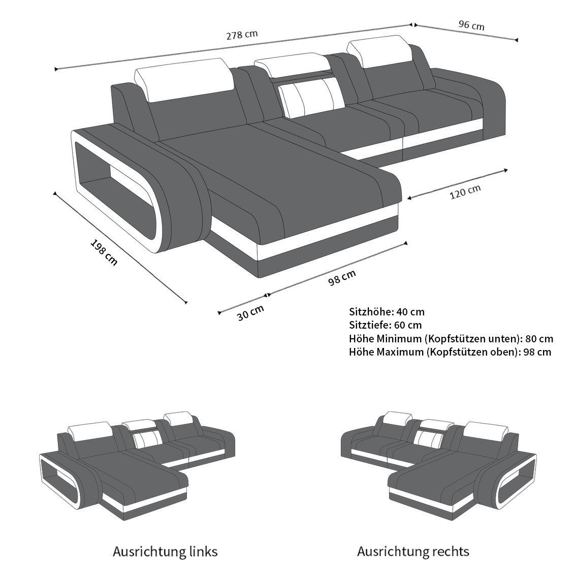 Maße vom Sofa Berlin in Stoff als L Form Mini