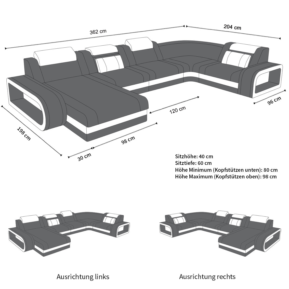 Die Maße vom Ledersofa Berlin als Mini Variante