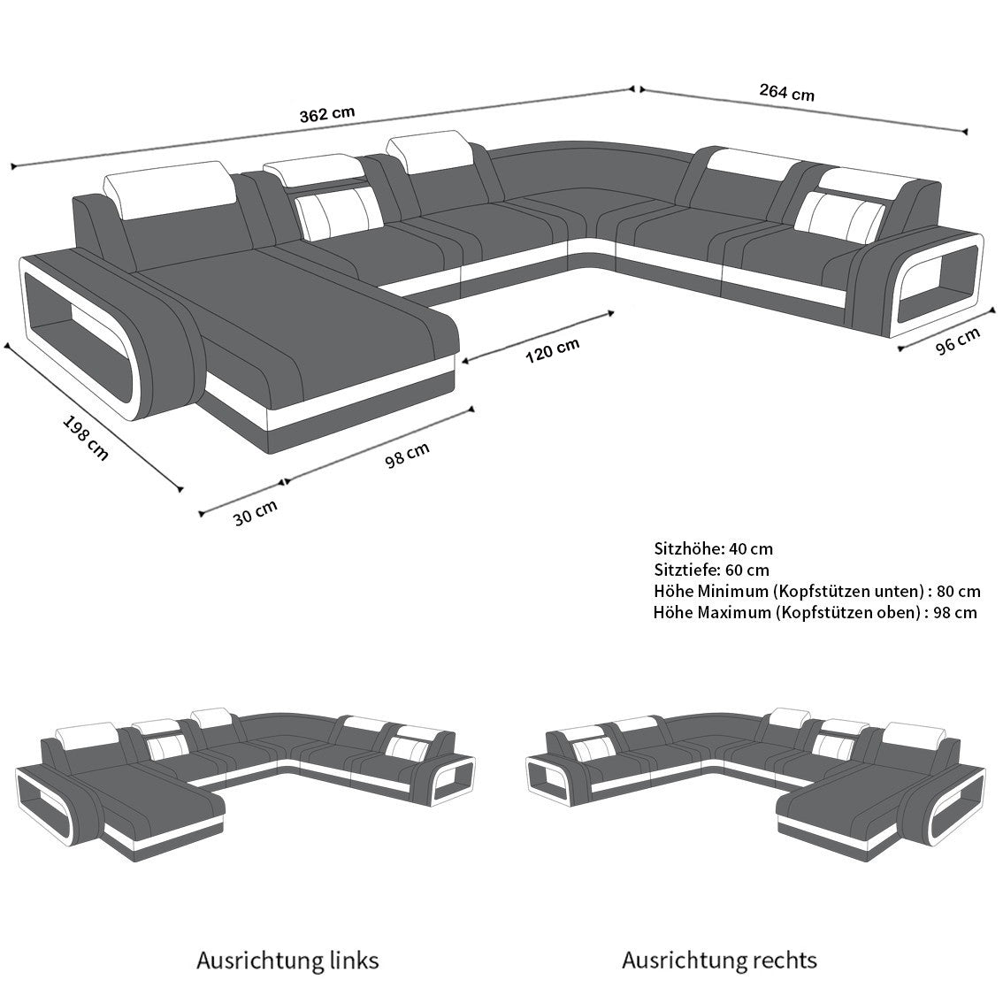 Maße vom XXL Ledersofa Berlin in der Mini Ausführung mit 60 cm breiten Sitzen