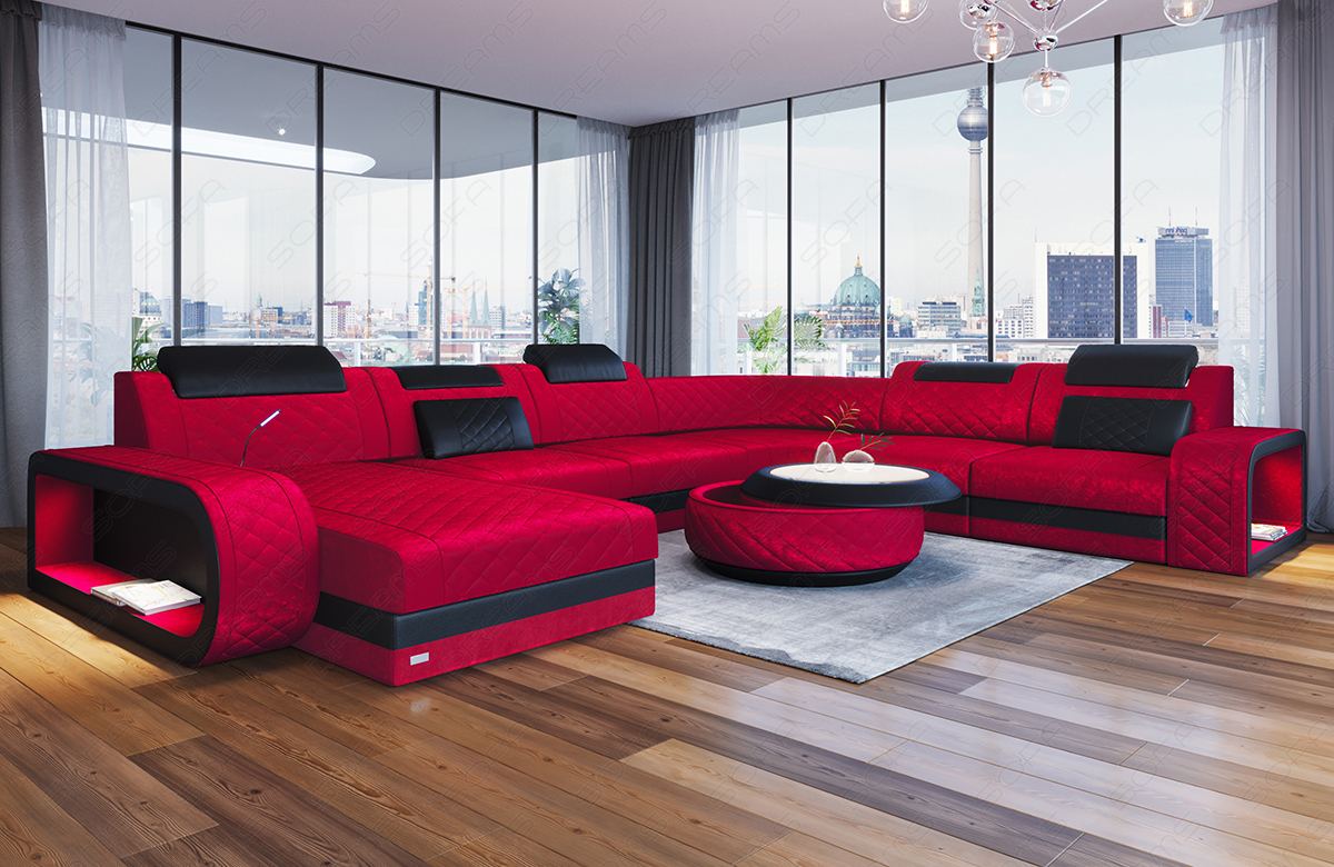 Design Samtstoff Wohnlandschaft Berlin XXL mit Ottomane in rot - SunVelvet1010