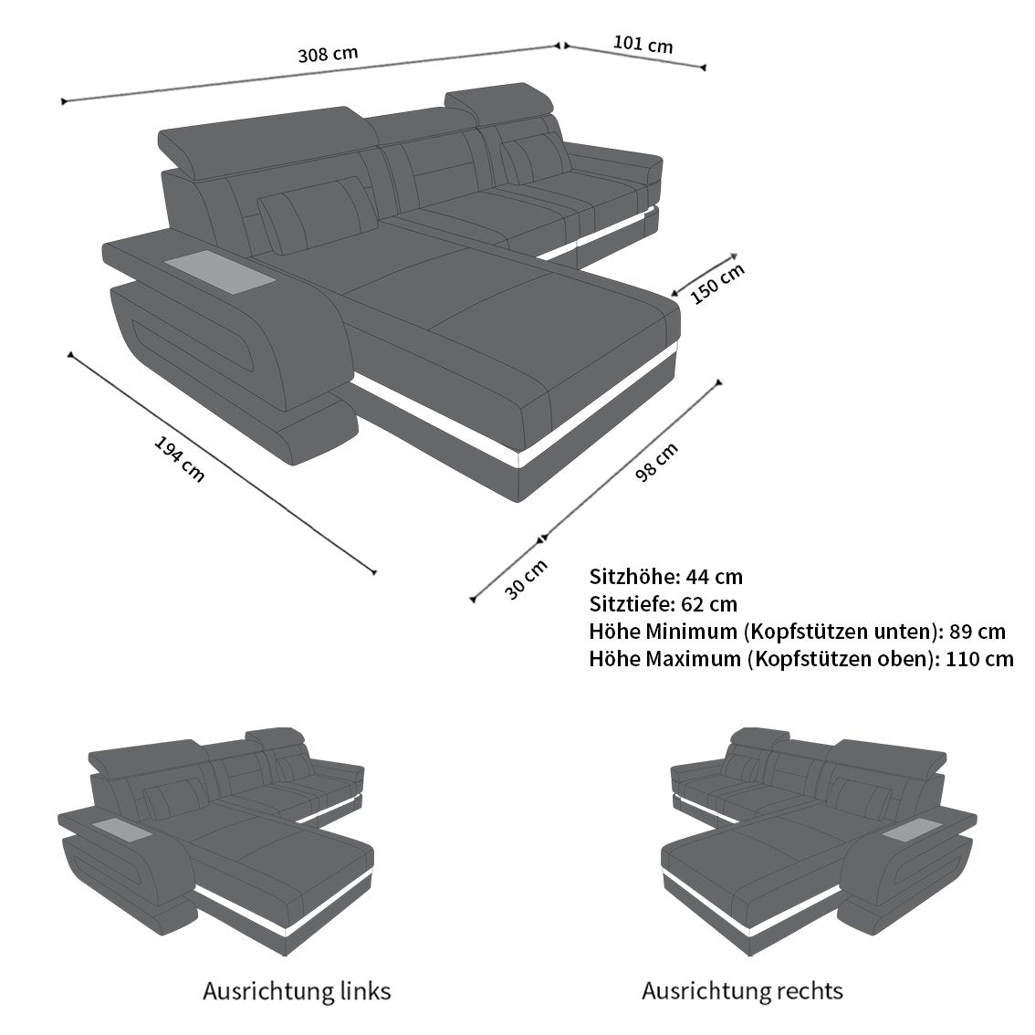 Abmessungen Sofa Bologna L Form