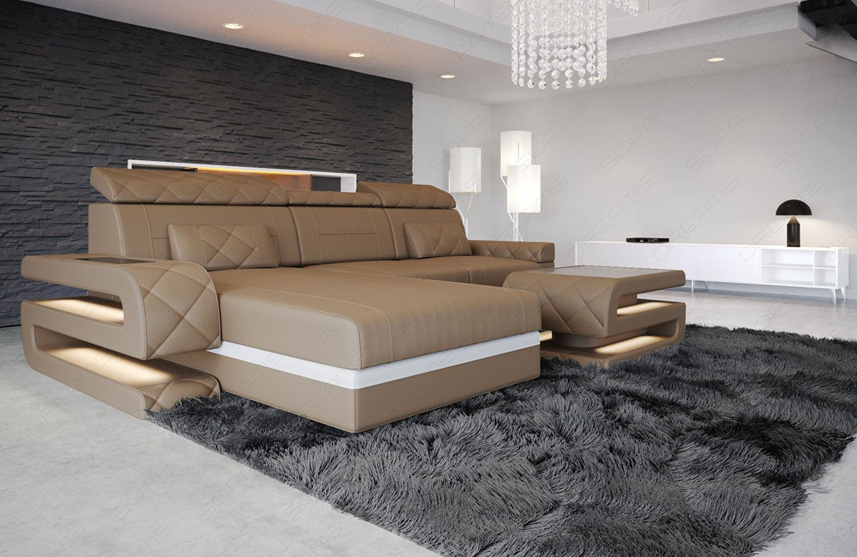 Design Ledercouch Bologna L Form in sandbeige-weiß