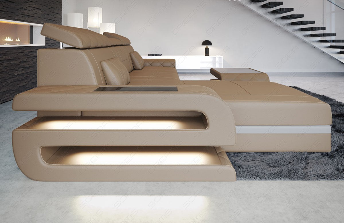 Ledersofa Bologna L Form in sandbeige-weiß - Detailansicht der großen Armlehne