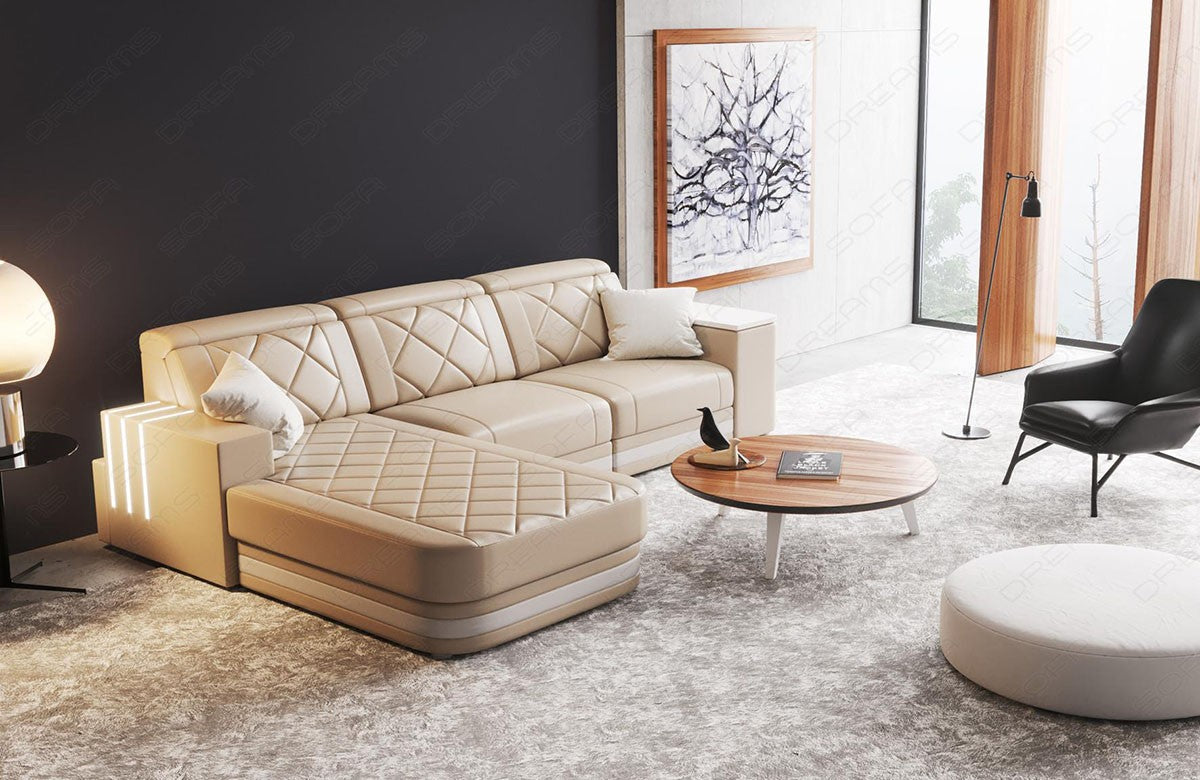 Leder Ecksofa Cesena L Form in beige-weiß