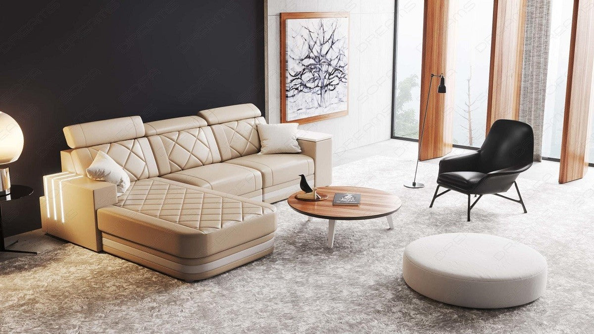 Leder Ecksofa Cesena L Form in beige-weiß