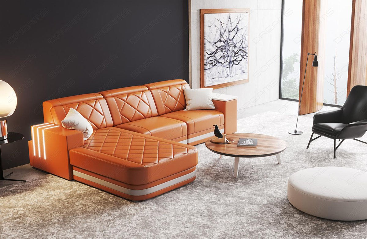 Leder Ecksofa Cesena L Form in orange-weiß