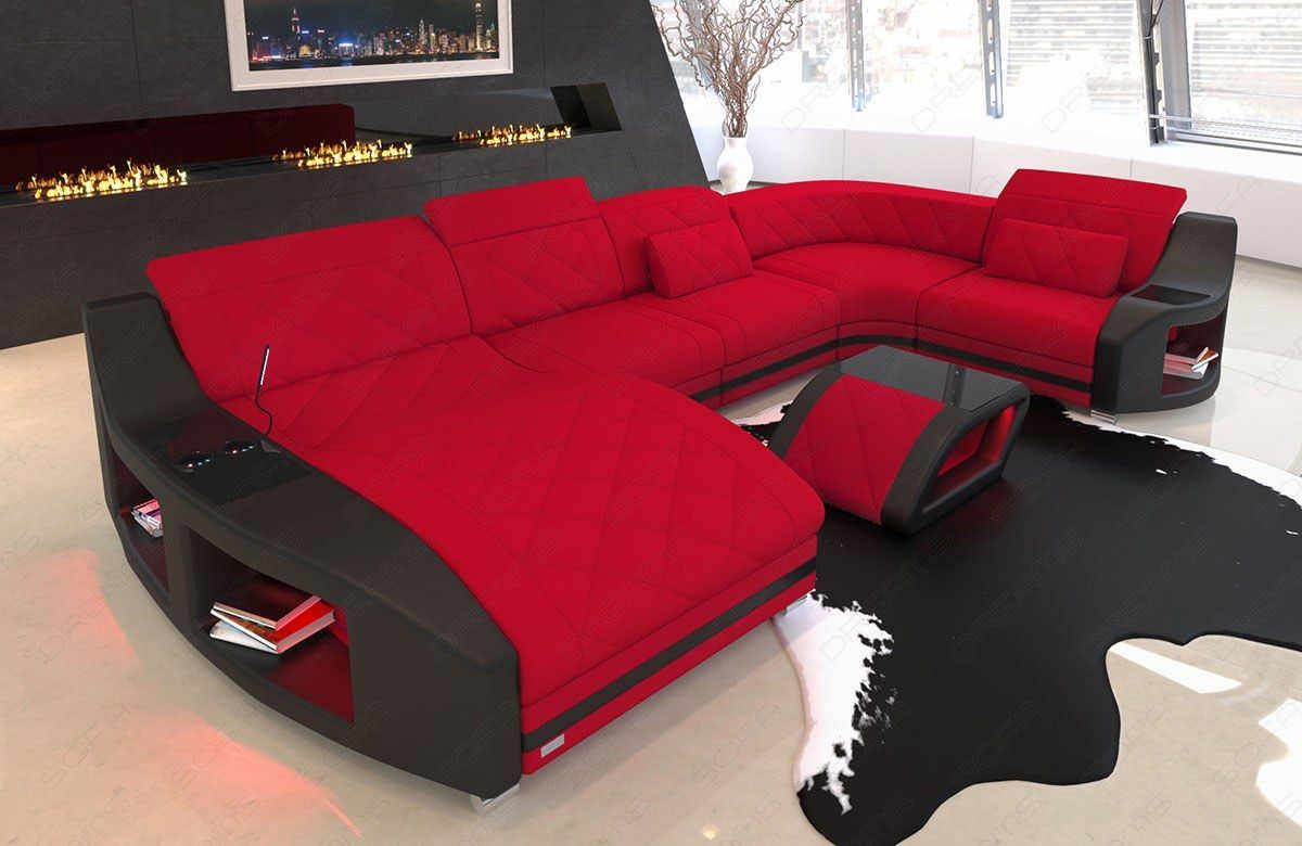 U Form Stoffsofa Swing als Mini Sofa mit LED mit Ottomane in rot - Mineva20