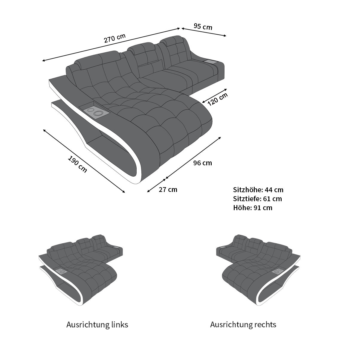 Die Maße vom L Form Mini Sofa Elegante als Stoffsofa mit LED Licht und USB
