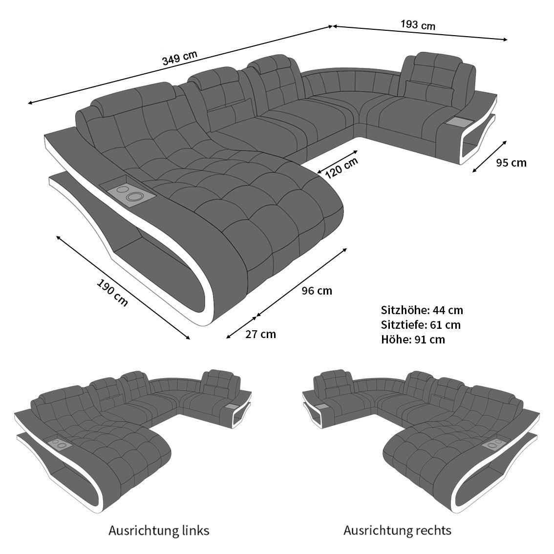 Die Maße vom Mini U Form Stoffsofa Elegante - Sofa mit LED und USB -