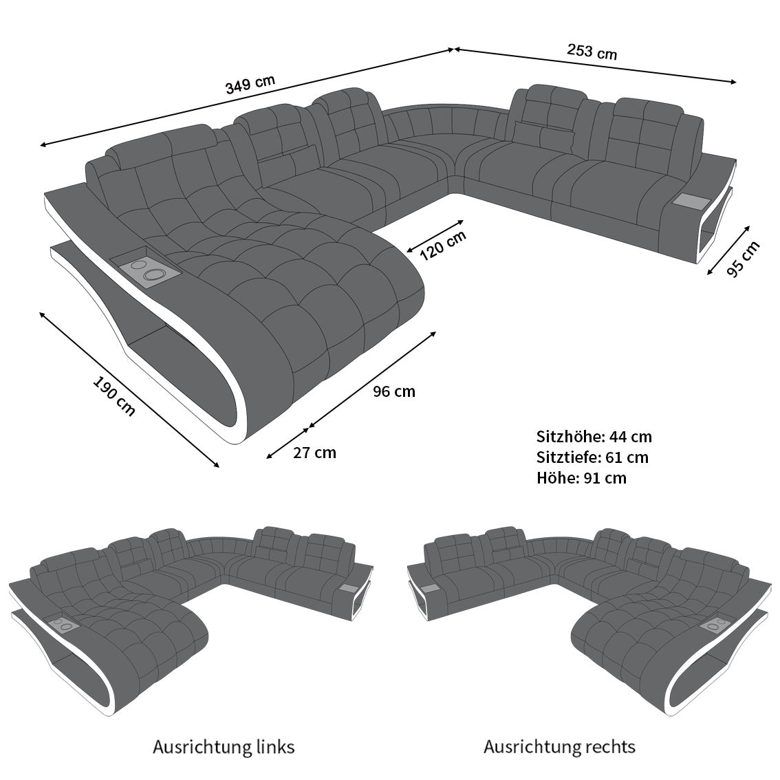 Abmessungen von unserem XXL Ledersofa Elegante als Mini Version mit Licht und USB