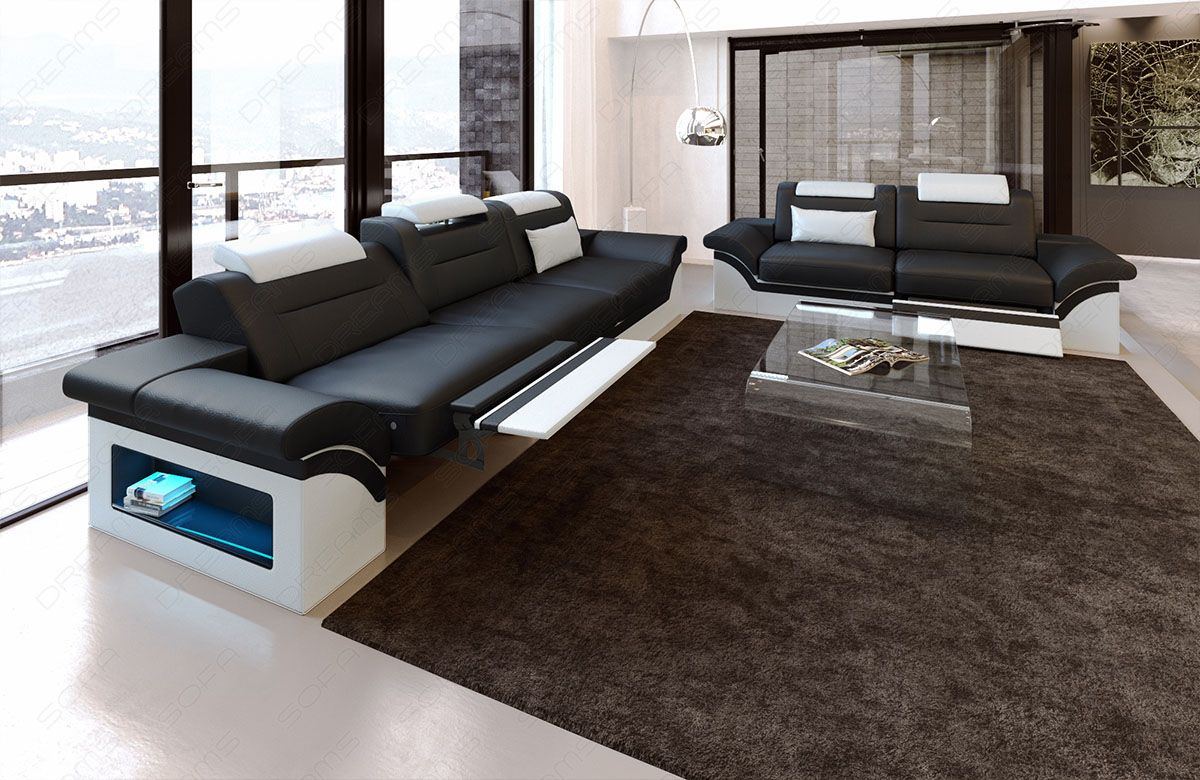 Ledersofa Garnitur Monza in schwarz-weiß - Die LED Beleuchtung, USB Anschluss und Relaxfunktion sind optional erhältlich.