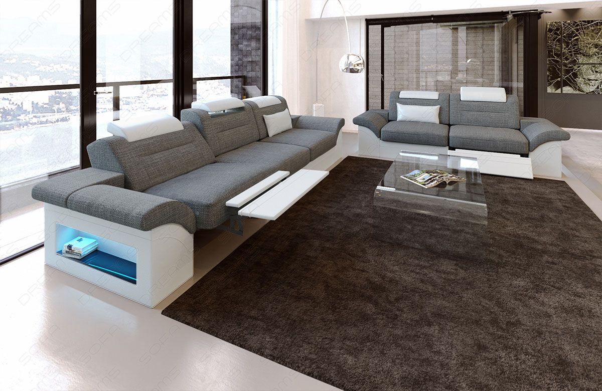 Stoff Couchgarnitur Monza in grau - Hugo5 - Die LED Beleuchtung, USB Anschluss und Relaxfunktion sind optional erhältlich.