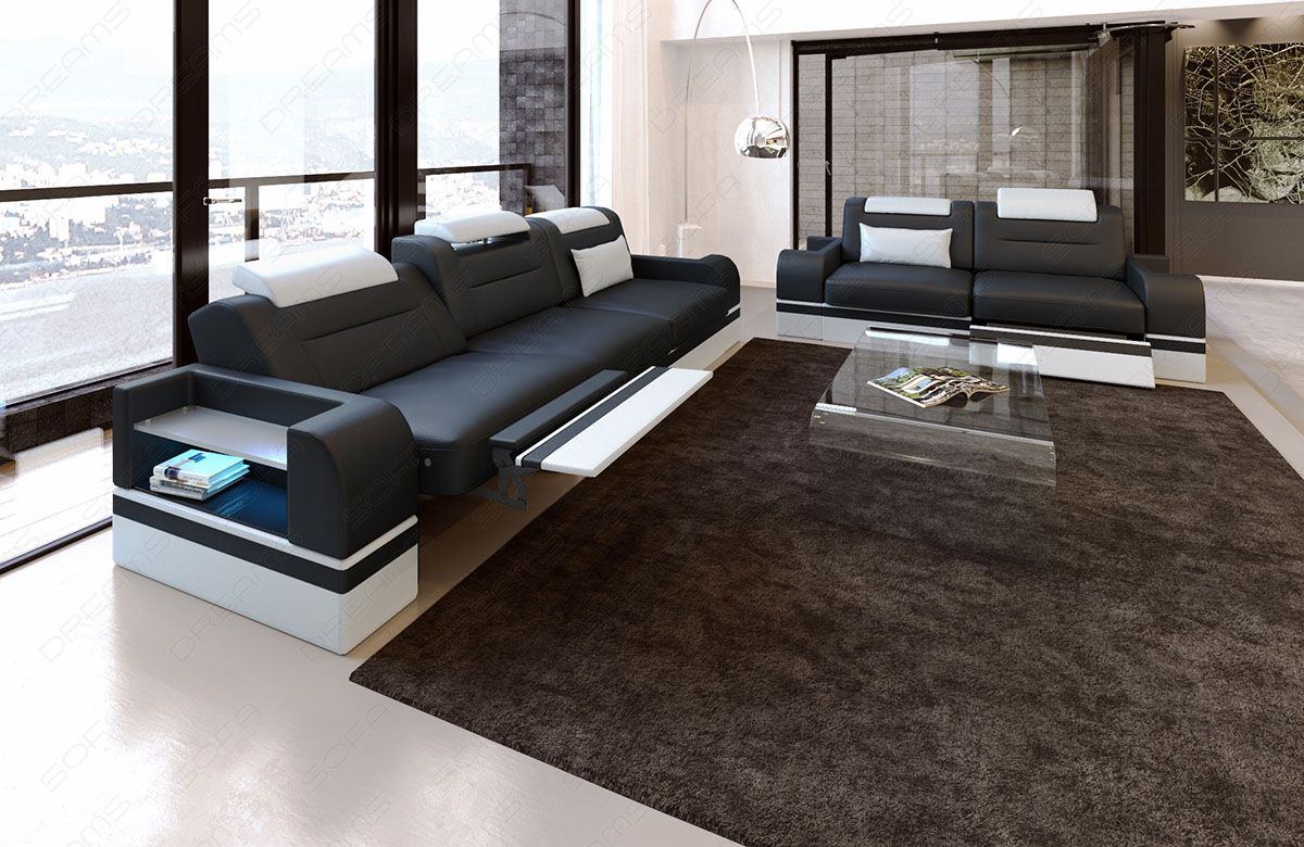 Ledersofa Garnitur Parma 3er und 2er in schwarz-weiß - Die LED Beleuchtung, USB Anschluss und Relaxfunktion sind optional erhältlich.