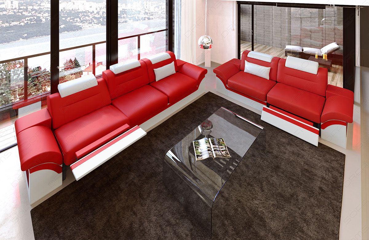 Leder Couchgarnitur Sitzgruppe Monza in rot-weiß - Die LED Beleuchtung, USB Anschluss und Relaxfunktion sind optional erhältlich.