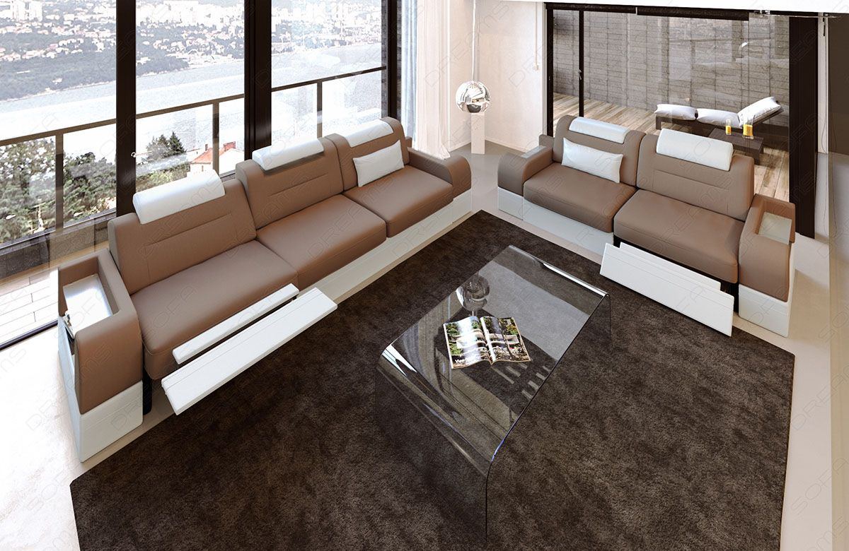 Sitzgruppe Dreisitzer und Zweisitzer Parma in taupe - Mineva21- Die LED Beleuchtung, USB Anschluss und Relaxfunktion sind optional erhältlich.