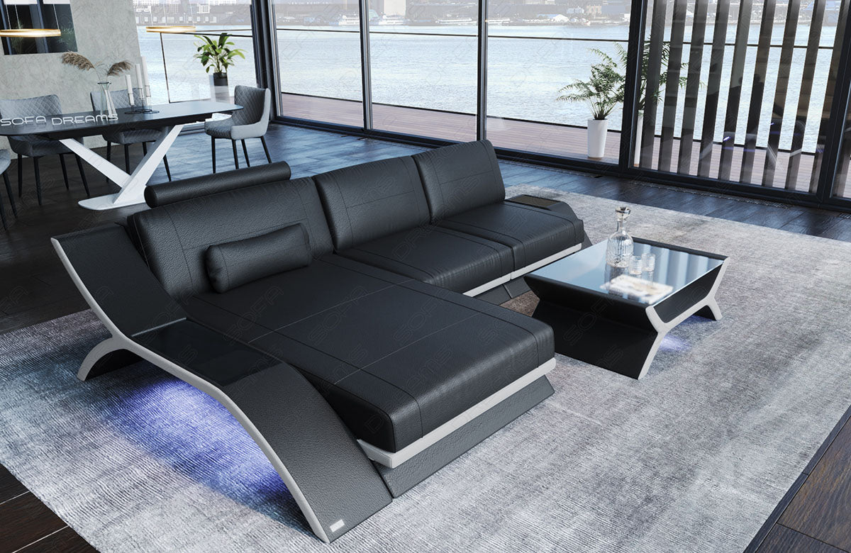 Modernes Leder Ecksofa Calabria L Form in schwarz - weiss