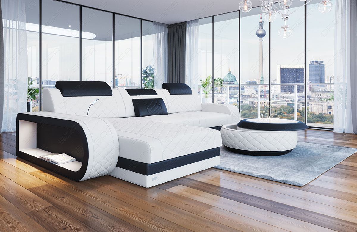 Leder Ecksofa Berlin L Form Mini in weiß-schwarz