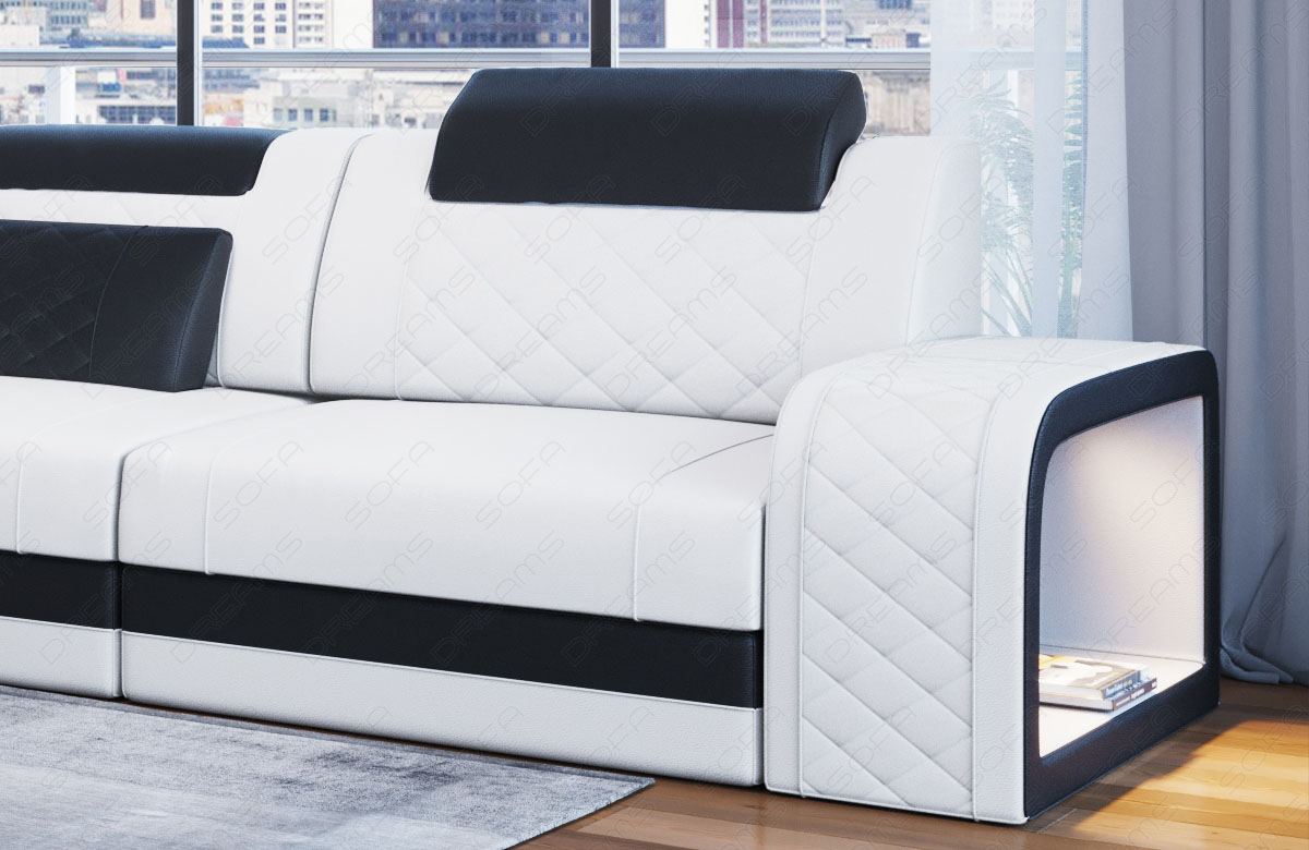 Ledersofa Chesterfield Berlin L Form mit Ottomane weiss - schwarz