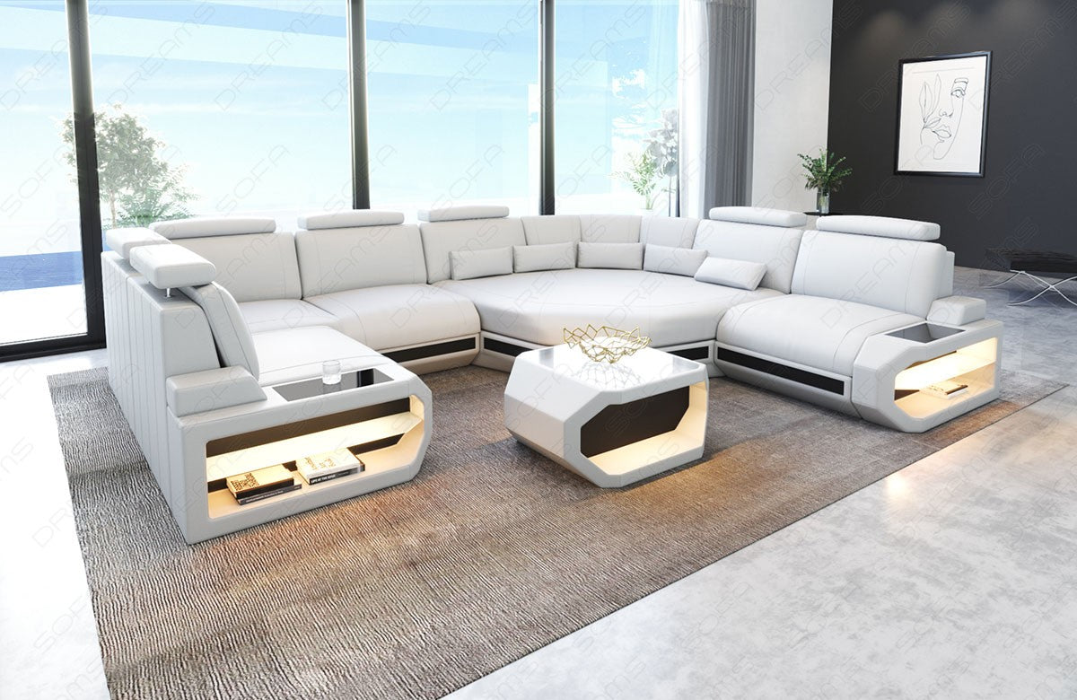 Leder Wohnlandschaft Asti U Form Mini in weiß-schwarz. Couchtisch und USB Anschlüsse sind optional erhältlich.