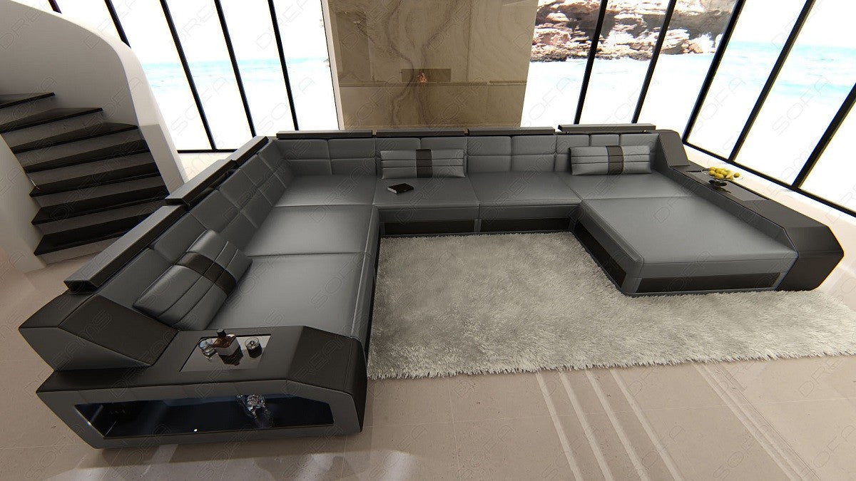 U Form XXL Ledersofa Matera Mini in grau-schwarz