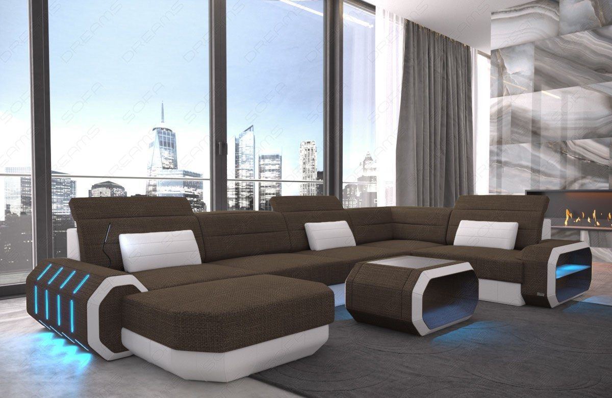 XXL U Form Stoffsofa Roma Mini mit LED in braun - Hugo8