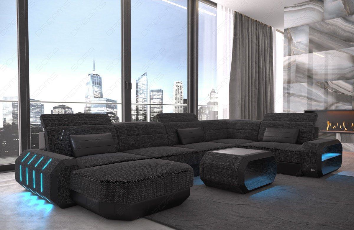 XXL U Form Stoffsofa Roma Mini mit LED in schwarz-grau - Hugo12 Strukturstoff