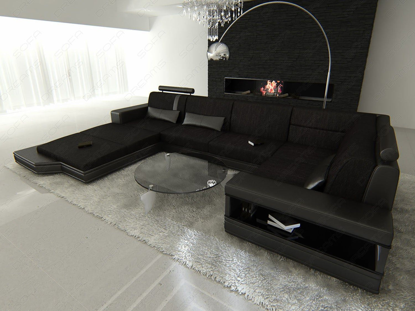 Mini U Form Stoffsofa Messana mit Beleuchtung in schwarz - Hugo14 Strukturstoff