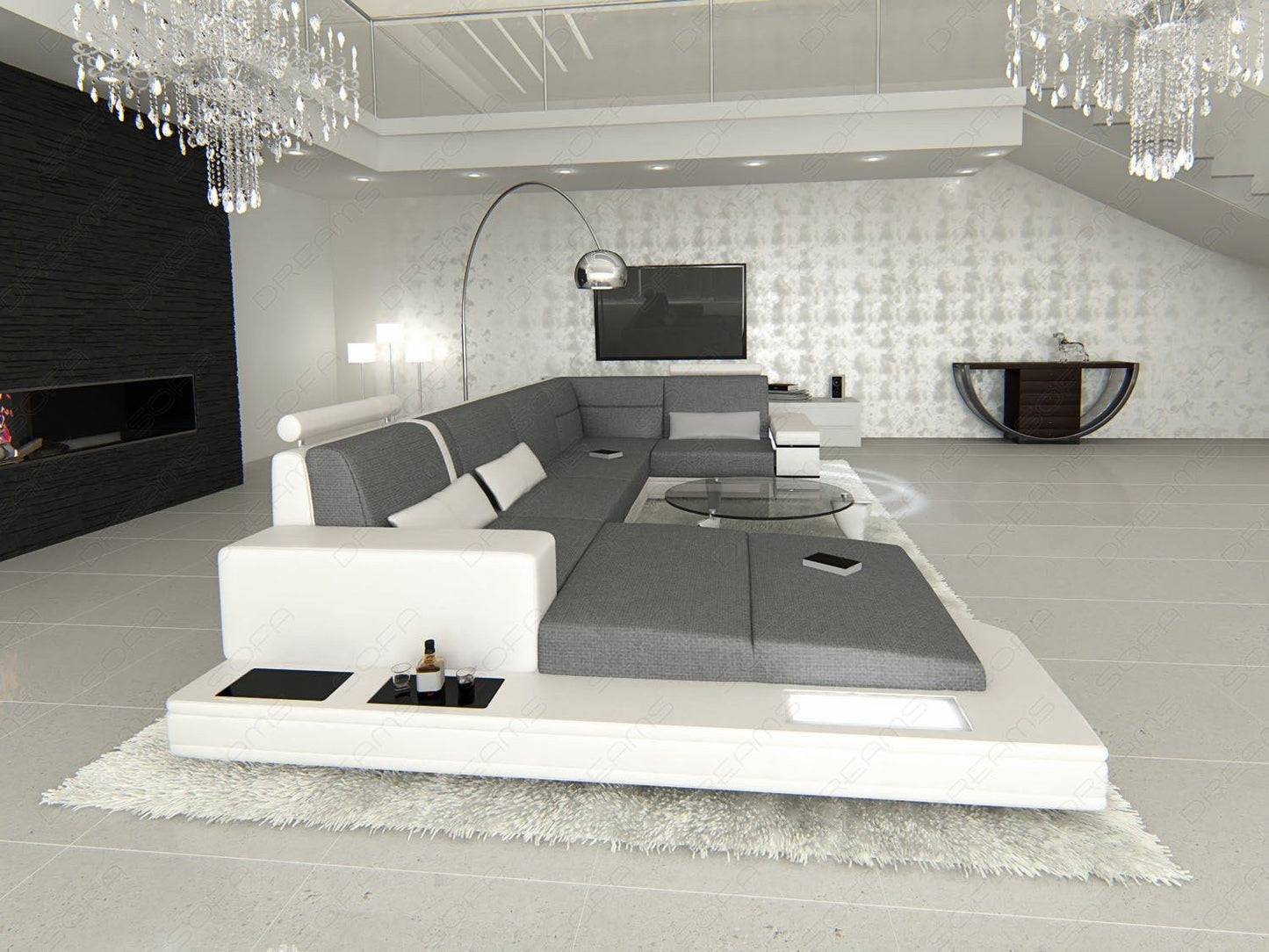 Mini U Form Stoffsofa Messana mit Beleuchtung in grau - Hugo5 Strukturstoff