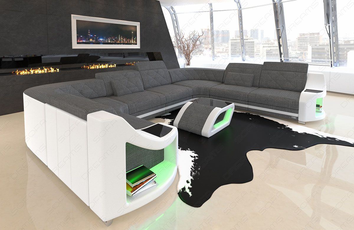 Stoffsofa Genua U Form mit LED-Beleuchtung in grau - Hugo5 Strukturstoff
