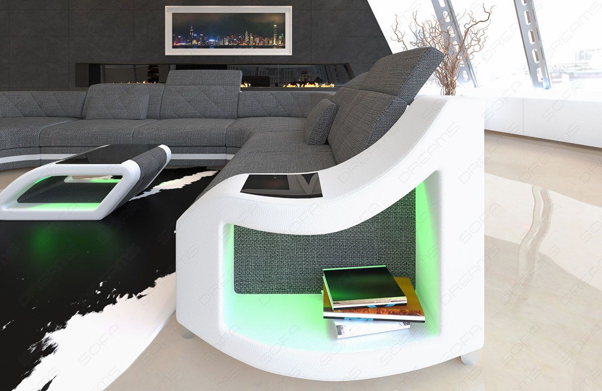 U Form Sofa Genua Mini mit LED in einem Stoffbezug in grau - Hugo5 Strukturstoff Detailansicht kleine Armlehne