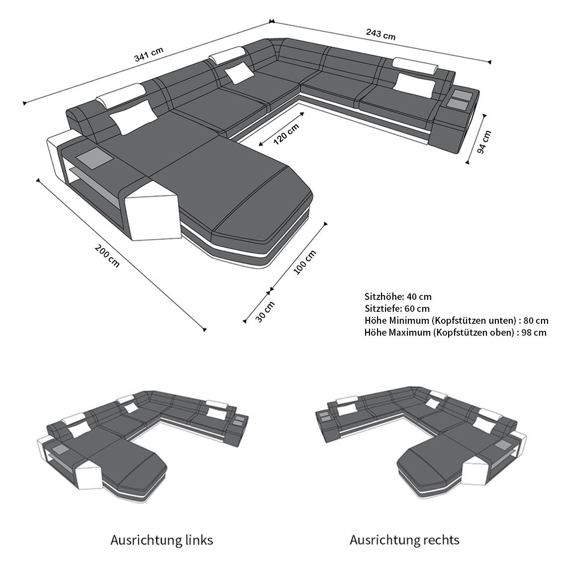 Die Maße von unserem XXL Ledersofa Prato als Mini Version