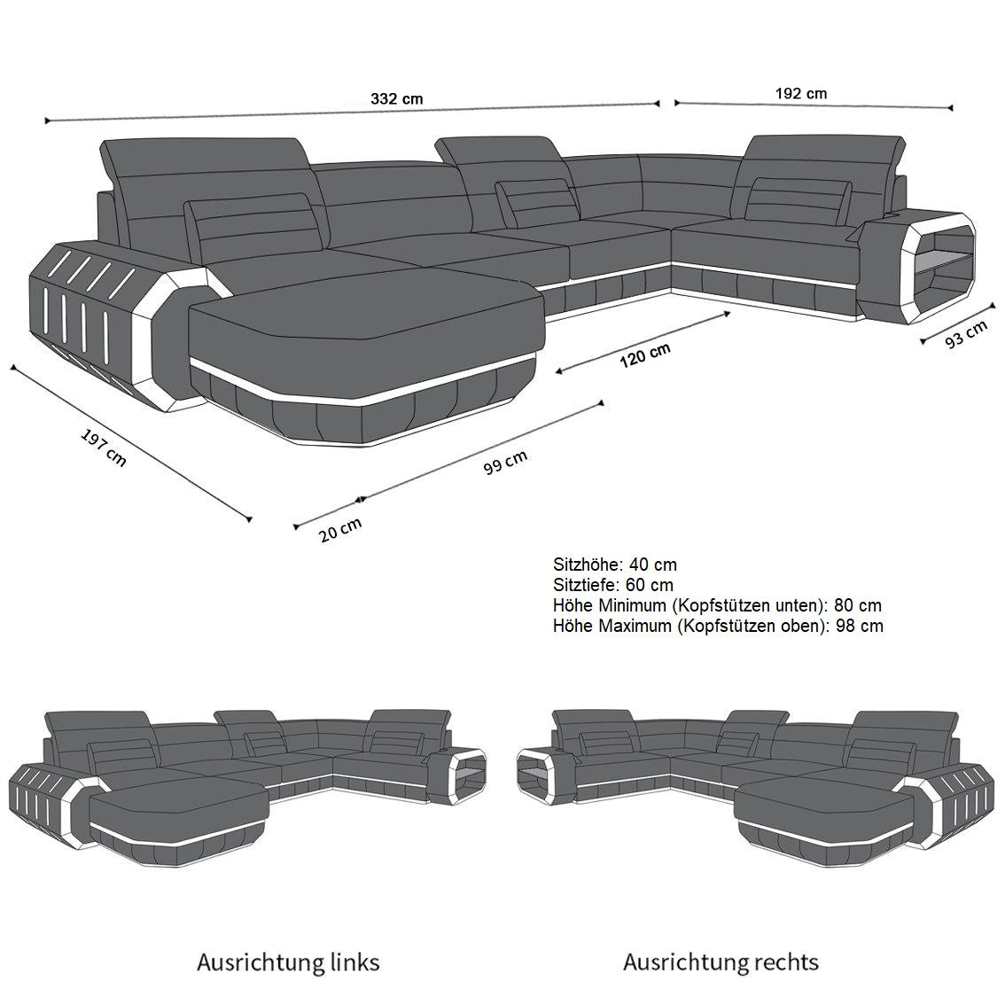 Die Maße vom Mini U Form Ledersofa Roma mit LED und auch USB