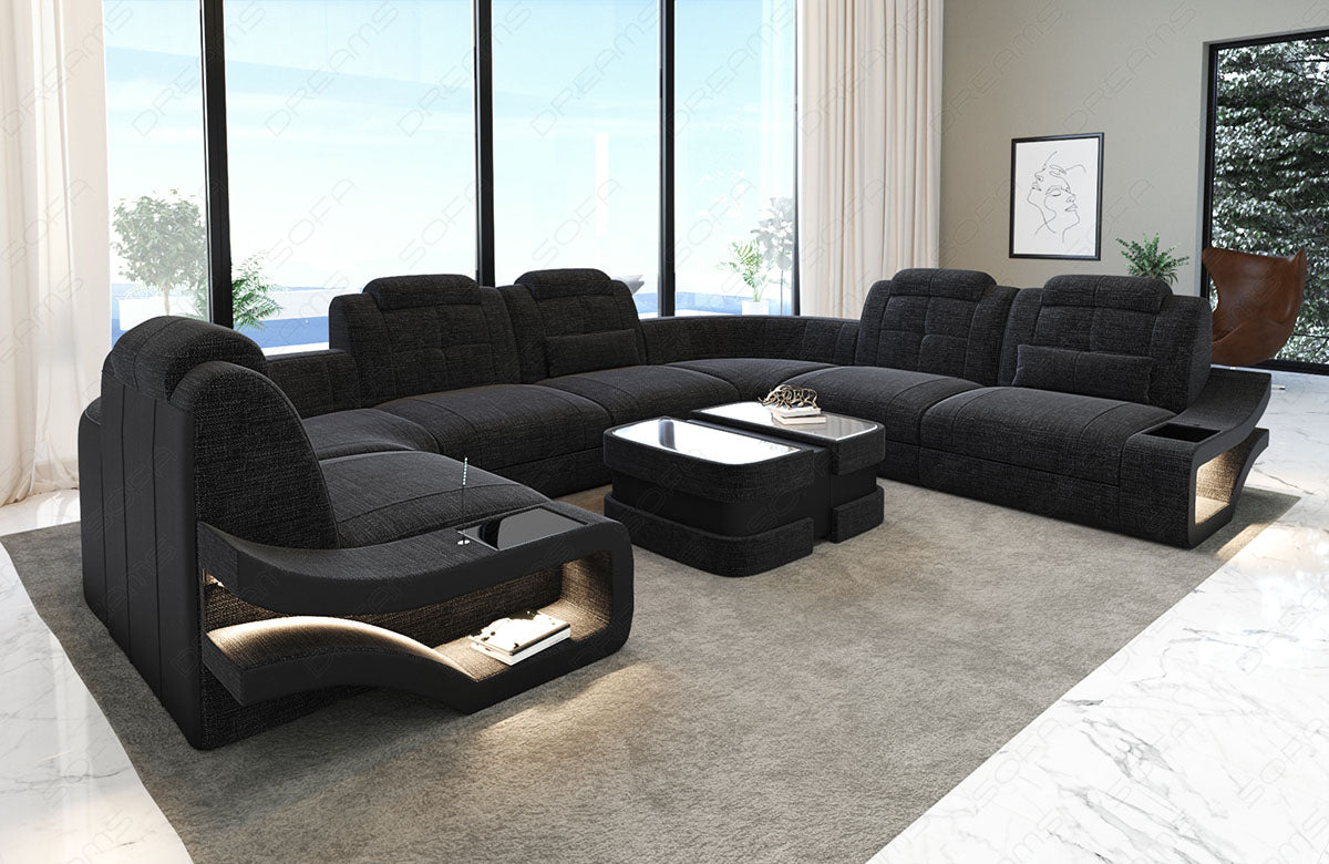 Design Wohnlandschaft Elena U Form in schwarz-grau - Hugo12 - Nebenfarbe schwarz - Bitte beachten: Die Rückwand ist in den Farben der Hauptfarbe!
