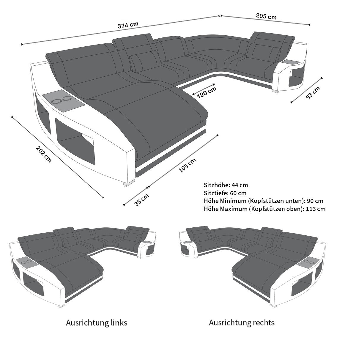 Die Maße vom U Form Stoffsofa Swing als Mini Sofa mit LED