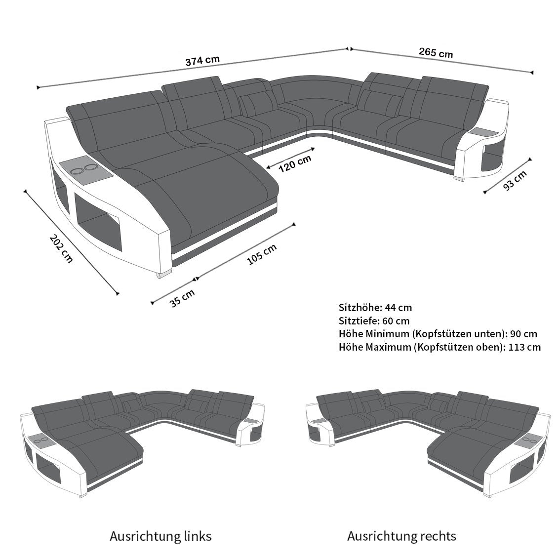 Abmessungen vom Ledersofa Swing als Mini XXL mit LED und USB