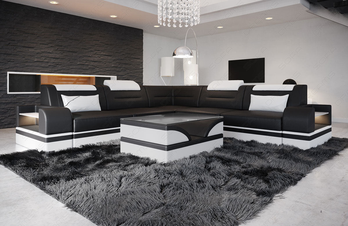 Design Leder Eckcouch Trivento L Form in schwarz-weiß