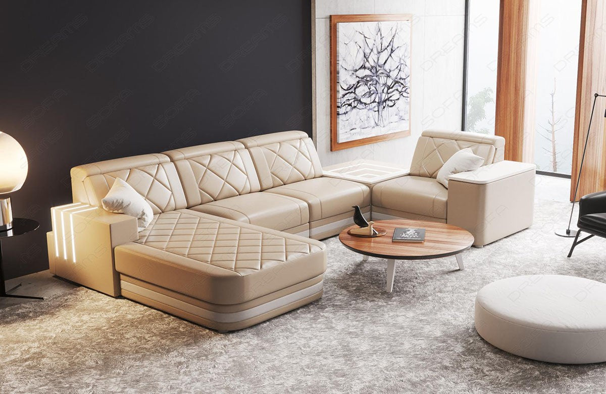 Leder Wohnlandschaft Cesena U Form in sandbeige-weiß mit weißer LED Beleuchtung