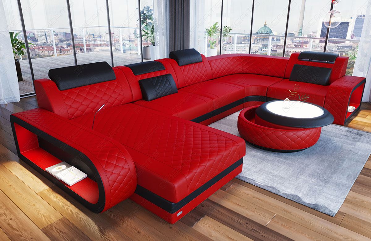 Ledersofa U Form Chesterfield Ottomane Berlin LED - Leder rot - schwarz