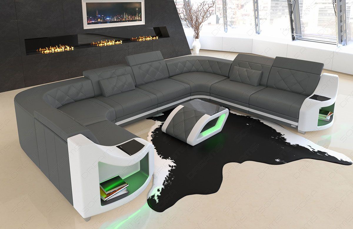 Leder Wohnlandschaft Genua mit LED Beleuchtung in grau - weiss