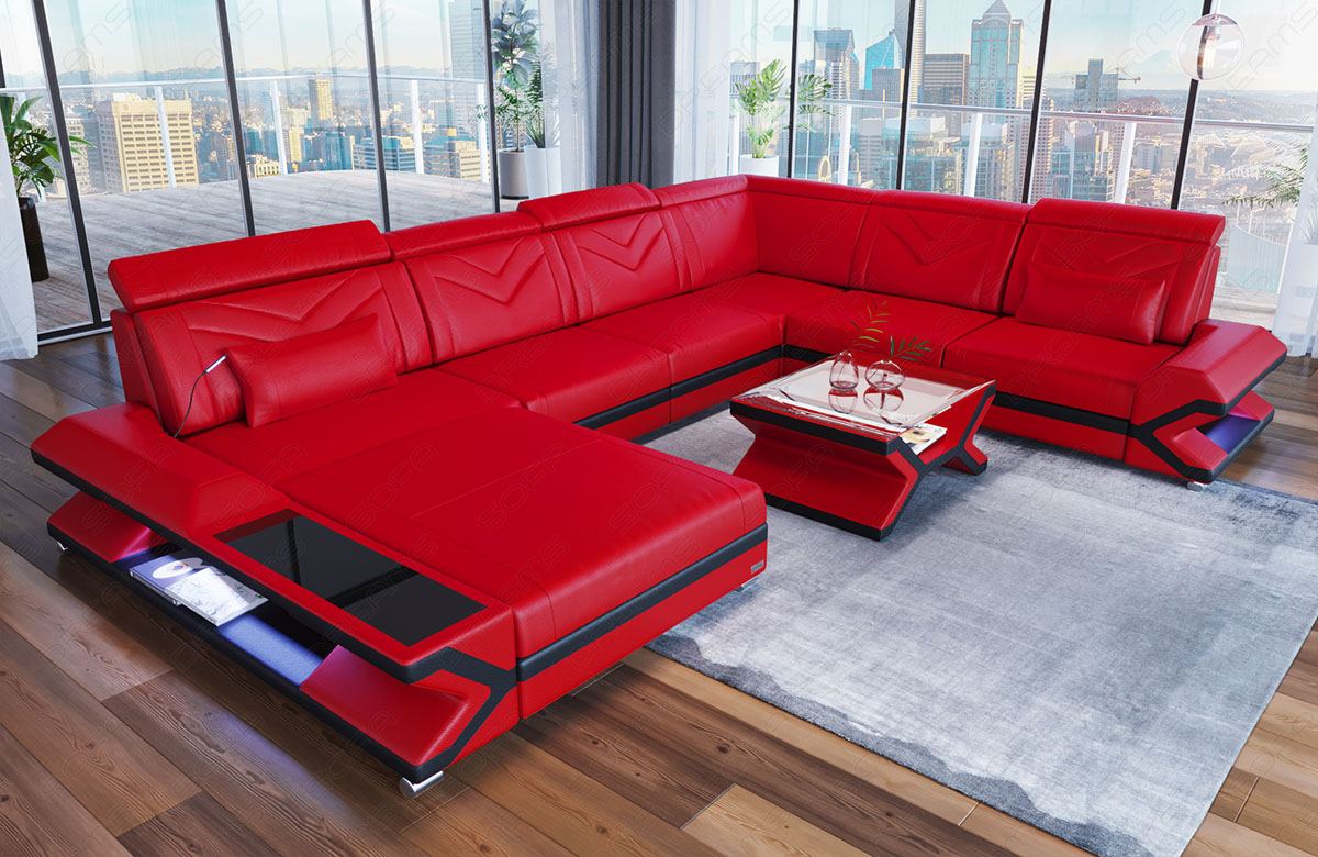 Designer Wohnlandschaft Napoli XXL in rot-schwarz mit LED Beleuchtung