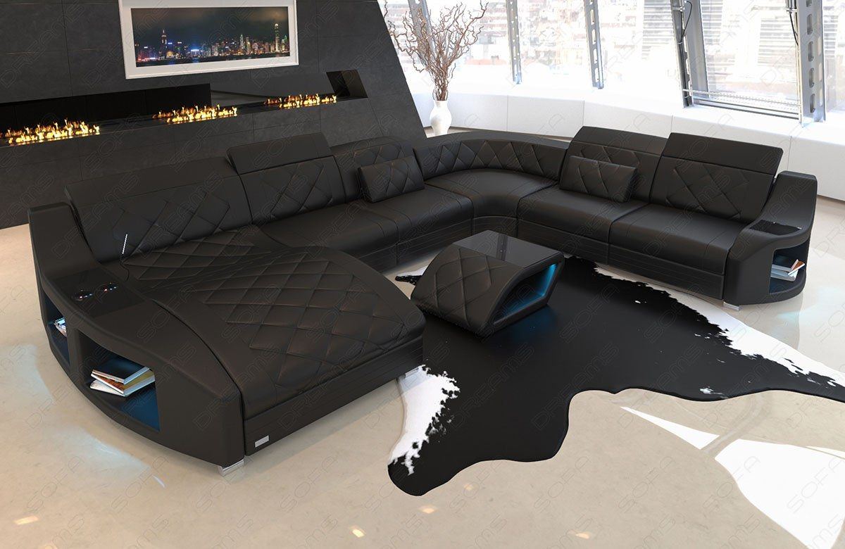 Moderne XXL Wohnlandschaft Swing in Leder mit kühlenden Becherhaltern in schwarz