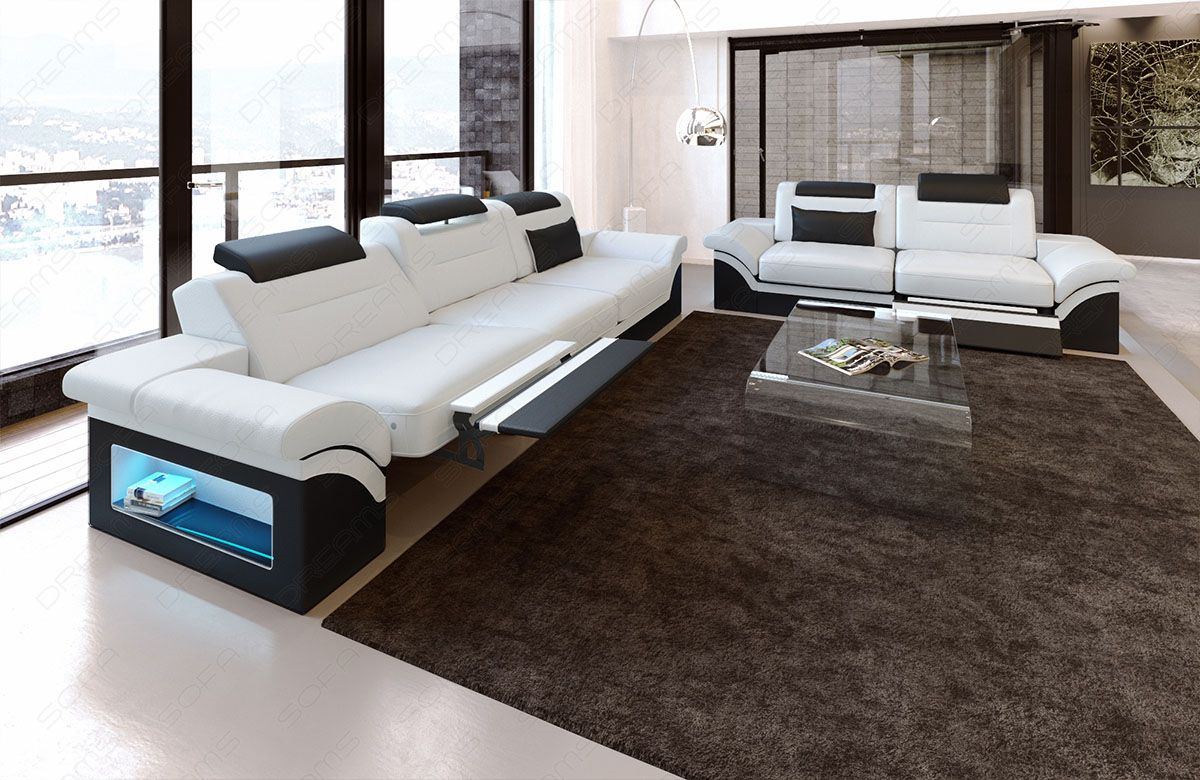 Sofagarnitur Designercouch Monza in weiß-schwarz - Die LED Beleuchtung, USB Anschluss und Relaxfunktion sind optional erhältlich.