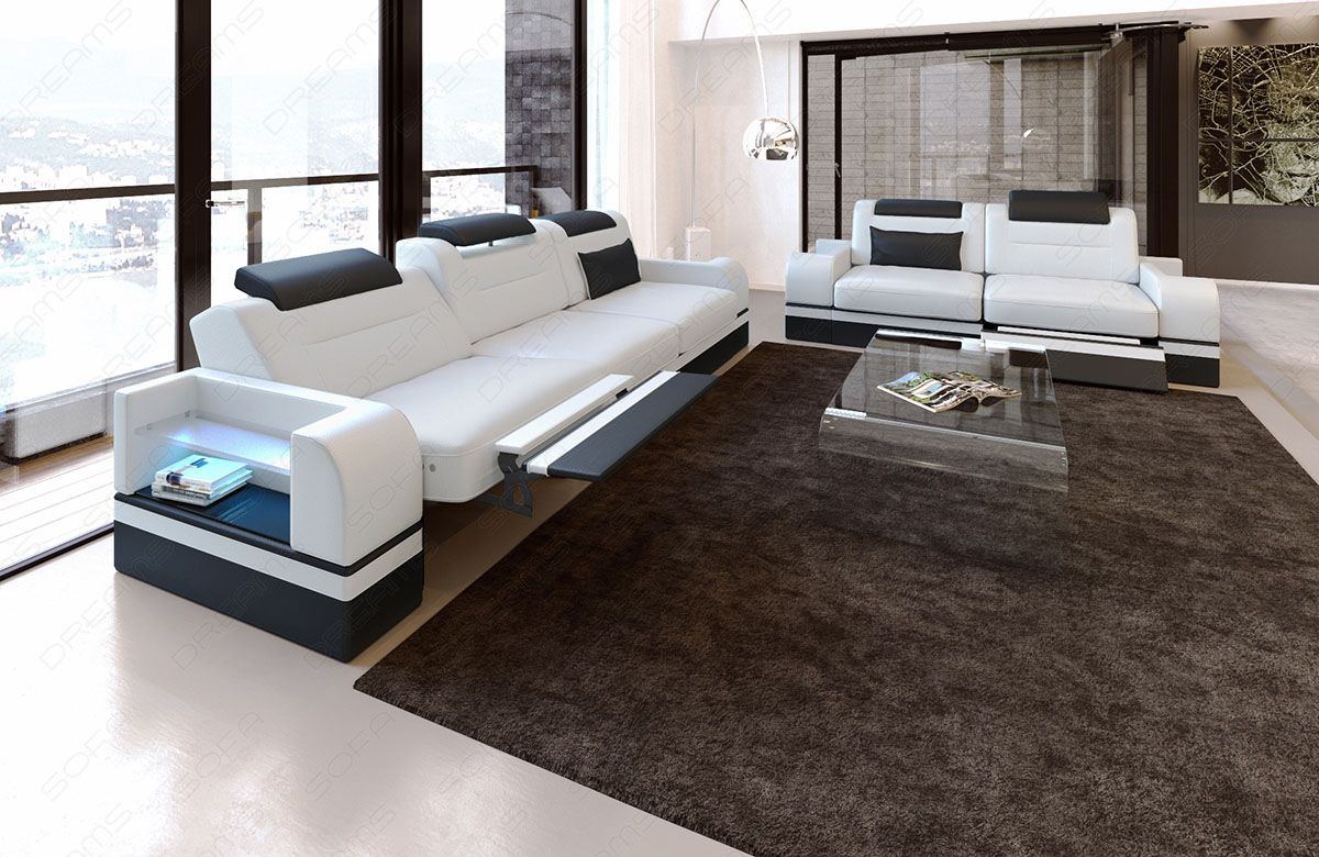 Ledersofa Garnitur Parma 3er und 2er Relaxfunktion in weiß-schwarz - Die LED Beleuchtung, USB Anschluss und Relaxfunktion sind optional erhältlich.