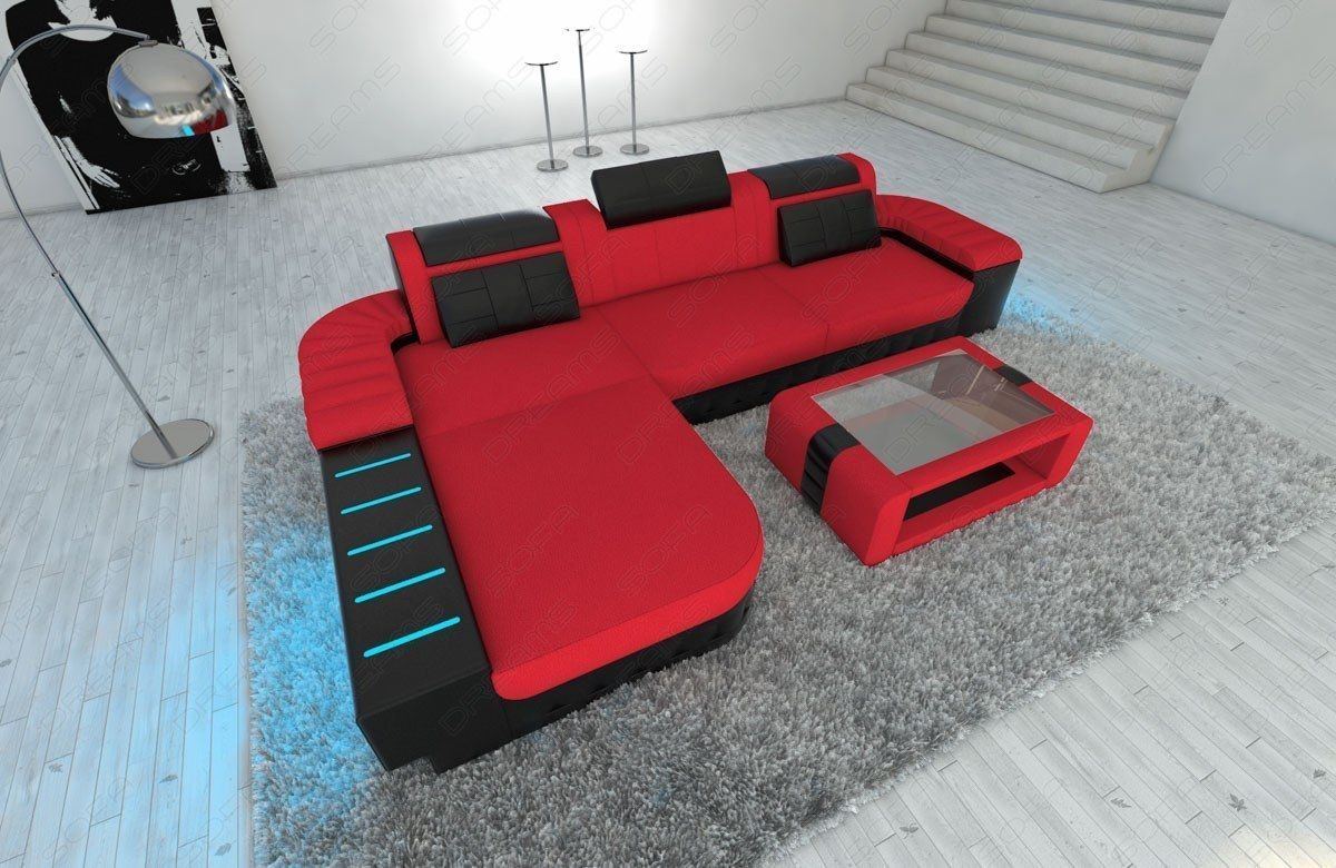 Stoffsofa Bellagio in L Form mit LED in rot - Mineva20