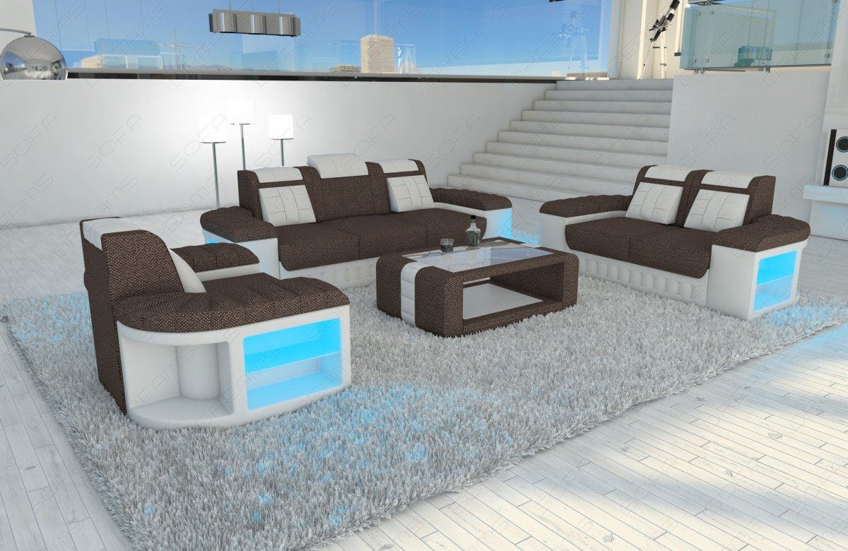 Stoff Sofa Garnitur Bellagio 321 LED Strukturstoff in braun - Hugo8