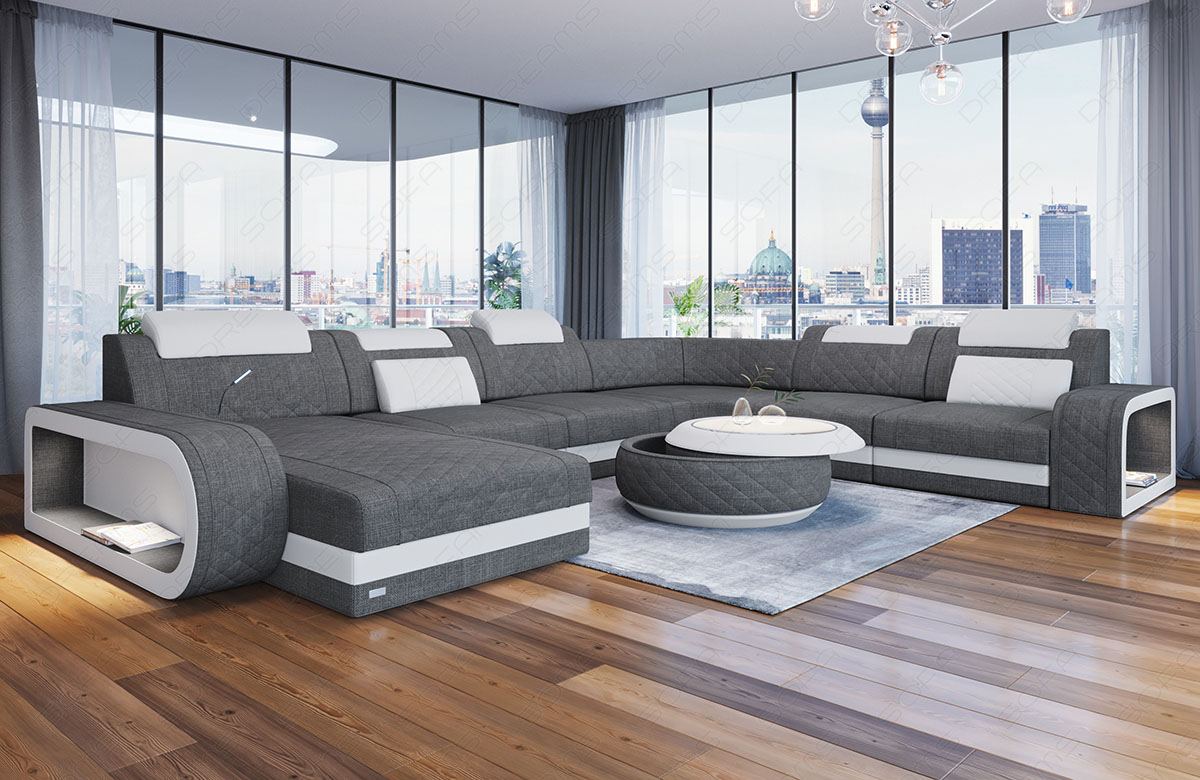 Moderne Design Stoff Wohnlandschaft Berlin XXL in grau - Hugo5 Strukturstoff