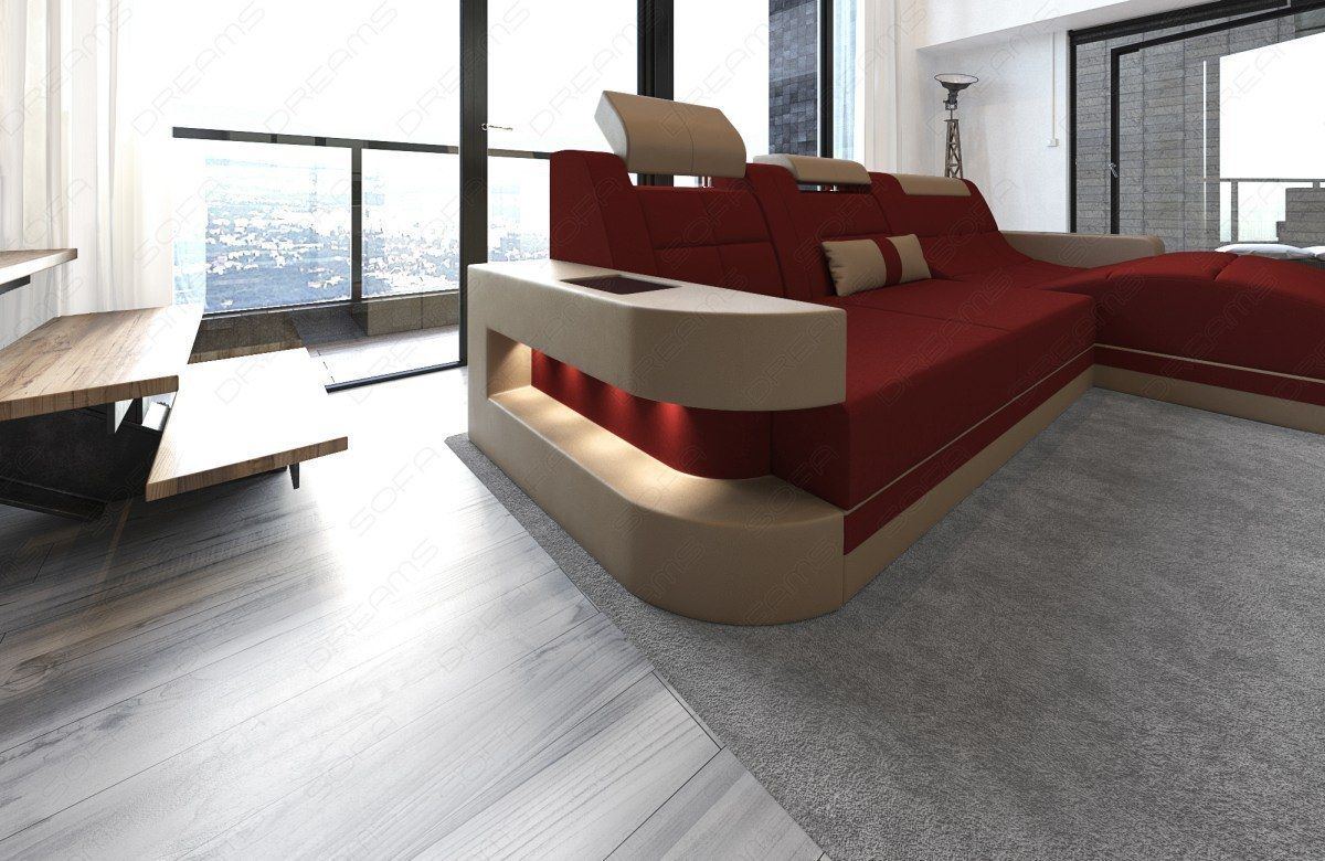 Stoff Ecksofa Wave L Form mit LED-Beleuchtung in dunkelrot - Mineva10