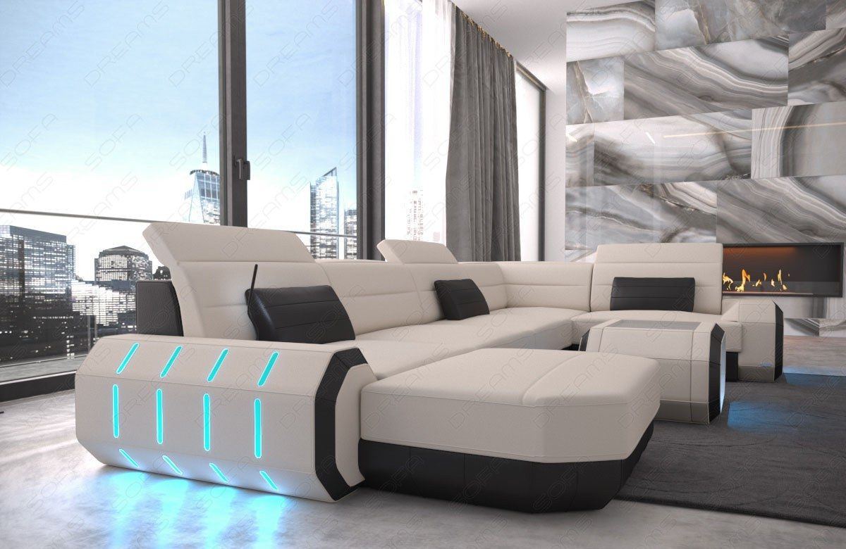 Design Stoff Wohnlandschaft Roma U Form in elfenbein - Mineva1 Mikrofaser Stoff