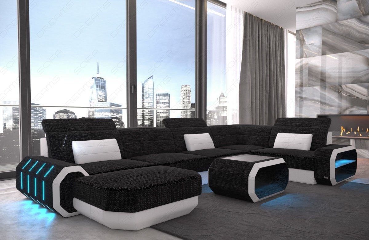 XXL U Form Stoffsofa Roma Mini mit LED in dunkelgrau - Hugo13
